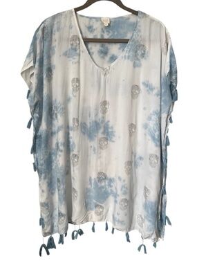 SURF GYPSY Blue White Tie Dye Tassel Skull Beach Cover Up Poncho Boho Resort S